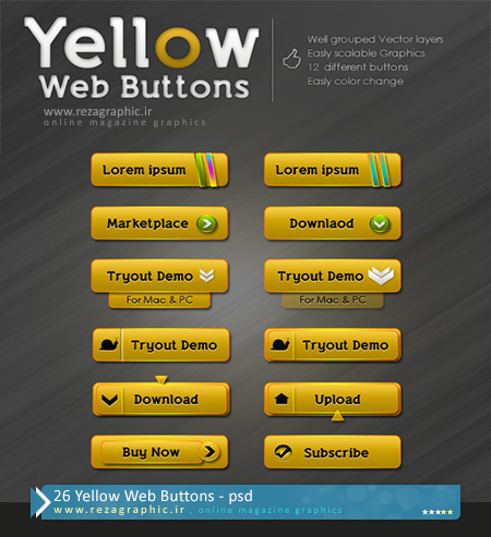 ۲۶ Yellow Web Buttons psd ( www.rezagraphic.ir )