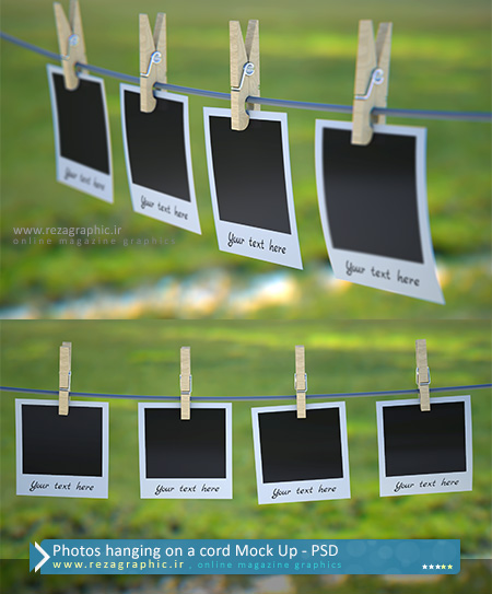 Photos hanging on a cord Mock Up PSD ( www.rezagraphic.ir )