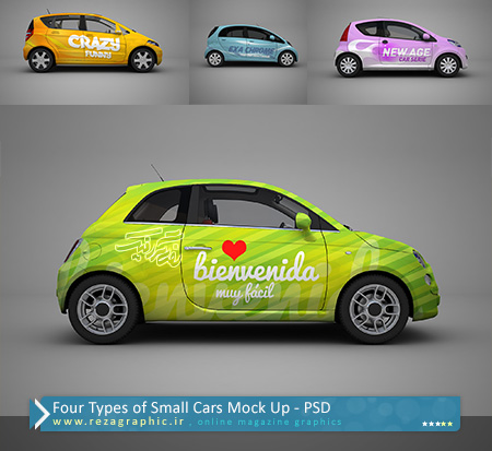 Four Types of Small Cars Mock Up PSD ( www.rezagraphic.ir )