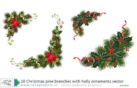 ۱۰ Christmas pine branches with holly ornaments vector ( www.rezagraphic.ir )