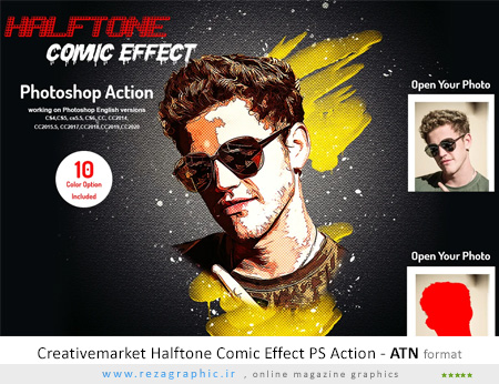 اکشن فتوشاپ افکت طنز ترام – Creativemarket Halftone Comic Effect PS Action