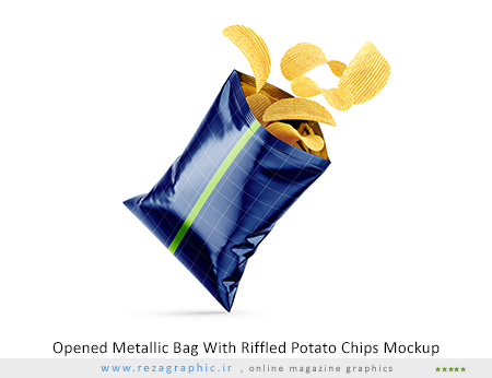 Opened Metallic Bag With Riffled Potato Chips Mockup ( www.rezagraphic.ir )