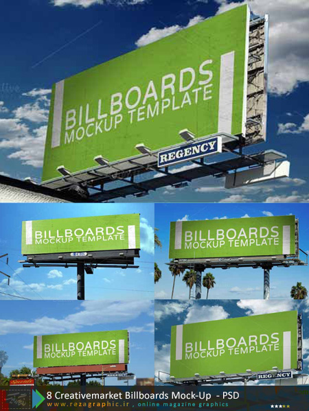 ۸ طرح لایه باز پیش نمایش بیلبورد شهری – Creativemarket Billboards Mock-Up | رضاگرافیک